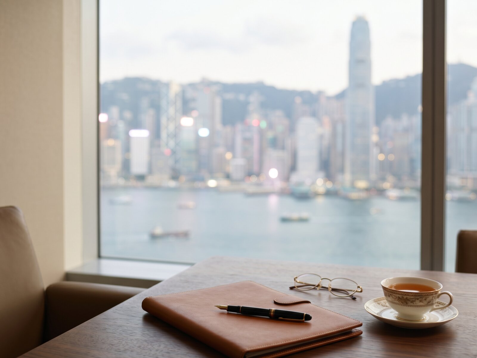 鼎盛信託 — 中環辦公室：受託人書桌與維港景致